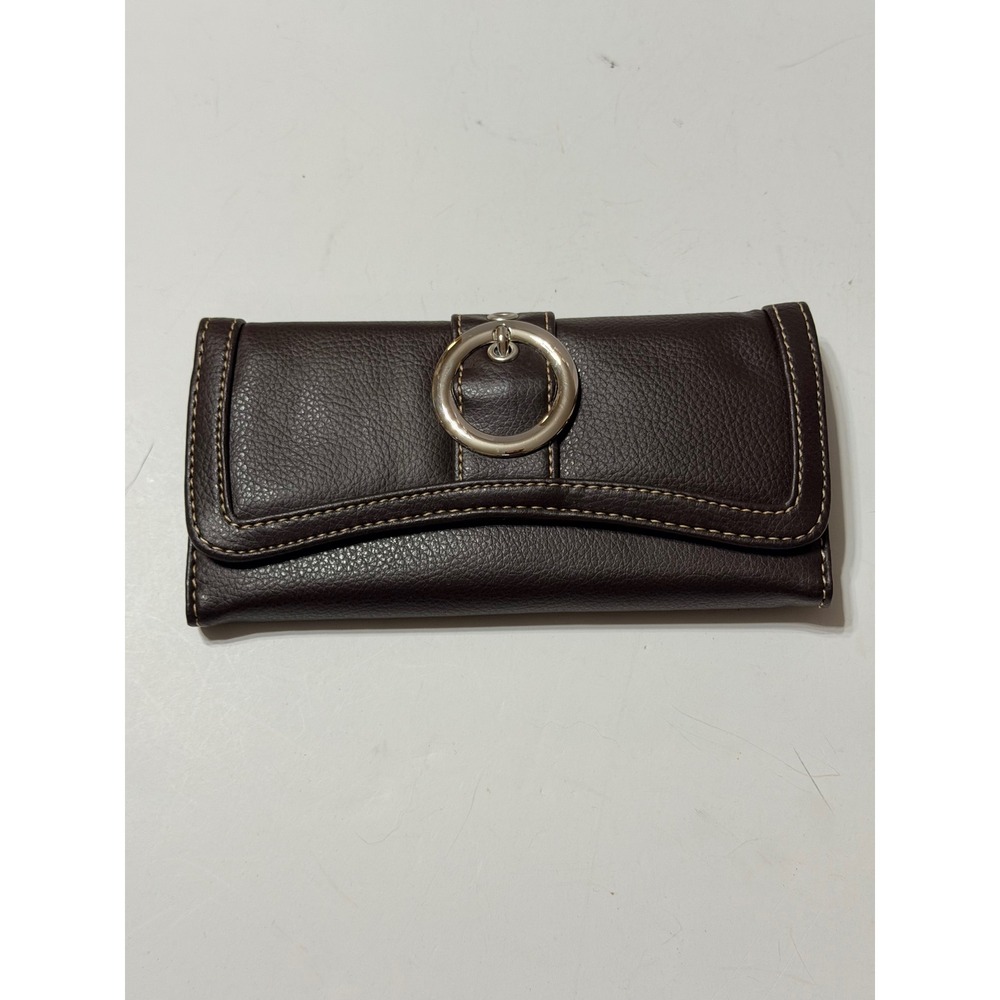 Dark Brown Pebbled Faux Leather Trifold Wallet Silver Ring Hardware Stitched